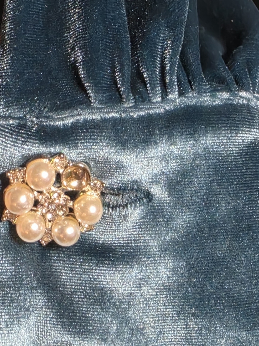 LPA Blue Velvet Smocked Top XS Puff Sleeve Pearl Button Cuffs Deep V Blouse image 3